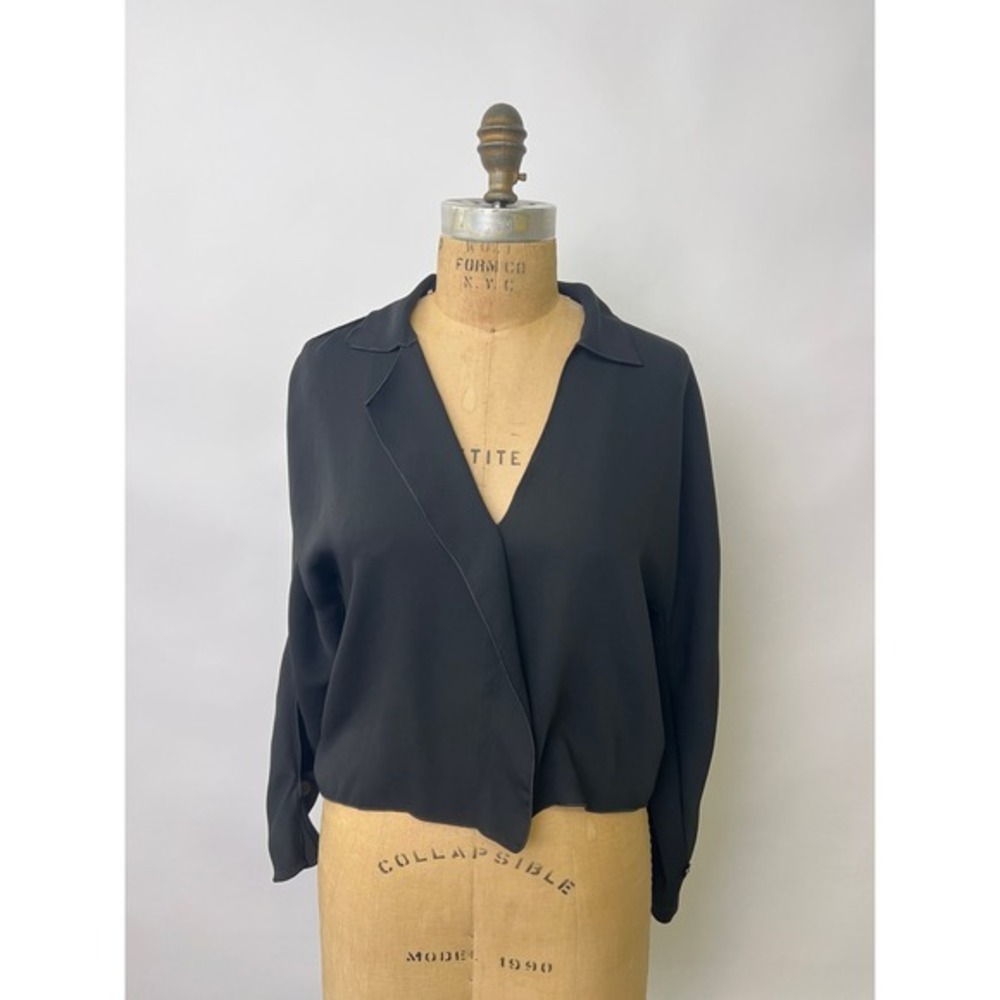 Babaton Aritzia Black Long Sleeve Wrap Front Cropped Blouse XXS Notched Collar